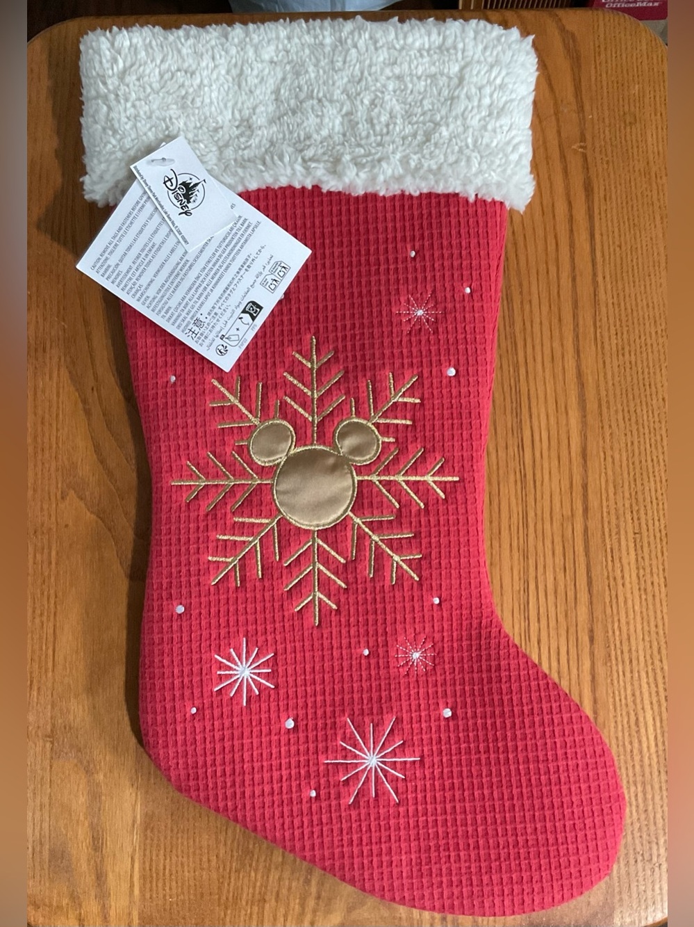 Disney Red Holiday Stocking with White Cuff and Gold Mickey Snowflake